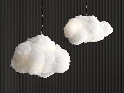 Cloud Shaped White Pendant Lights With Soft Glow Hanging On Dark Striped Wall 3d model