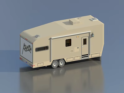Beige Camper Trailer With Flag Logo Windows Door And Wheels 3d model