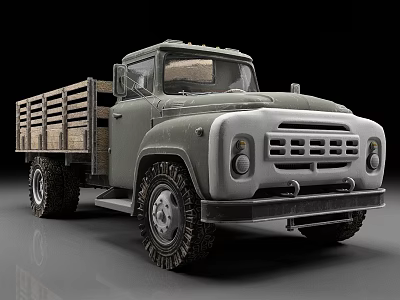 Vintage Green Truck With Wooden Cargo Bed Silver Front End And Large Tires 3d model