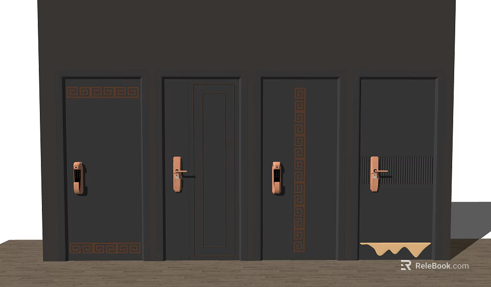 Dark Security Doors With Copper Handles And Decorative Patterns For Home Safety 3d model 
