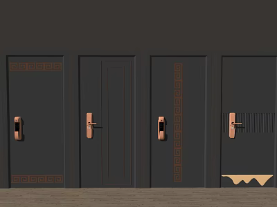 Dark Security Doors With Copper Handles And Decorative Patterns For Home Safety 3d model