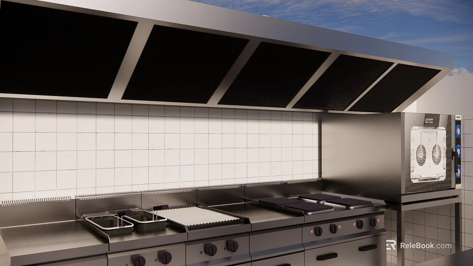 Professional Kitchen Cooking Equipment With Stainless Steel Stove Range Hood And White Tiled Backsplash 3d model 