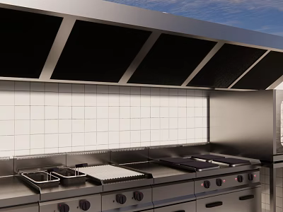 Professional Kitchen Cooking Equipment With Stainless Steel Stove Range Hood And White Tiled Backsplash 3d model