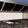 Professional Kitchen Cooking Equipment With Stainless Steel Stove Range Hood And White Tiled Backsplash