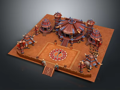 Tribal Style Dome Tent With Surrounding Smaller Tents Decorative Pillars And Central Circular Pattern 3d model