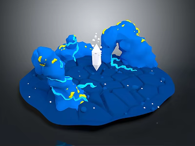 Blue Rock Terrain Scene With White Spire Glowing Blue Streaks And Yellow Accents 3d model