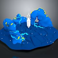 Blue Rock Terrain Scene With White Spire Glowing Blue Streaks And Yellow Accents