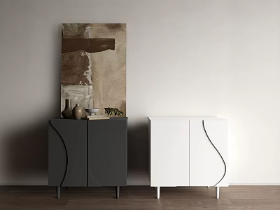 Modern Gray And White Console Cabinet With Curved Design Decorative Vase Plant On Wooden Floor 3d model