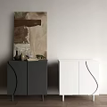 Modern Gray And White Console Cabinet With Curved Design Decorative Vase Plant On Wooden Floor