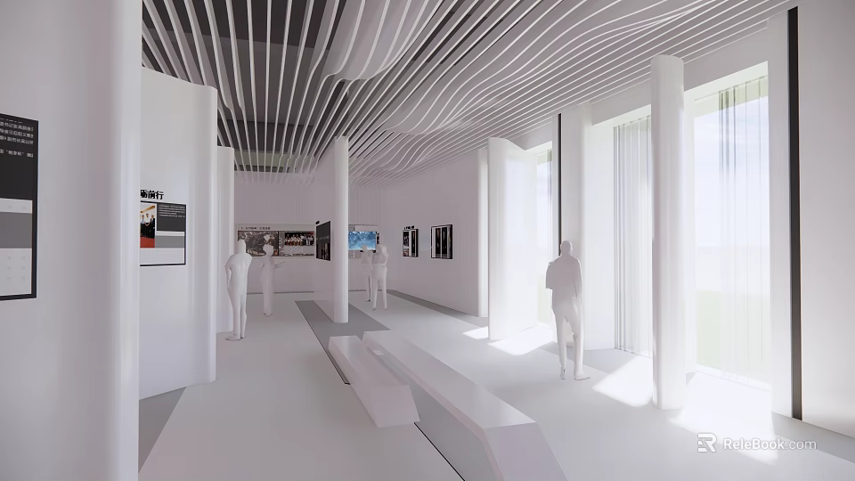 School Exhibition Space Featuring White Interior Wavy Ceiling Mannequins Benches And Large Windows 3d model 