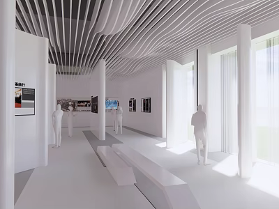 School Exhibition Space Featuring White Interior Wavy Ceiling Mannequins Benches And Large Windows 3d model