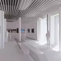School Exhibition Space Featuring White Interior Wavy Ceiling Mannequins Benches And Large Windows