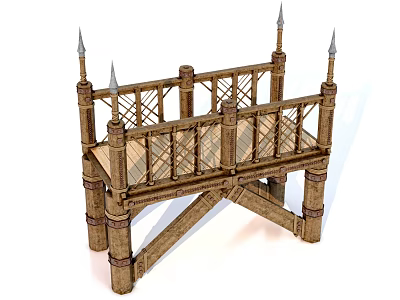 Ancient Wooden Architectural Structure Featuring Spired Railings Latticed Panels And Columns 3d model
