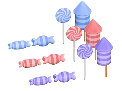 Colorful Striped Lollipop And Candy Shaped Decorative Ornament Set For 3d model