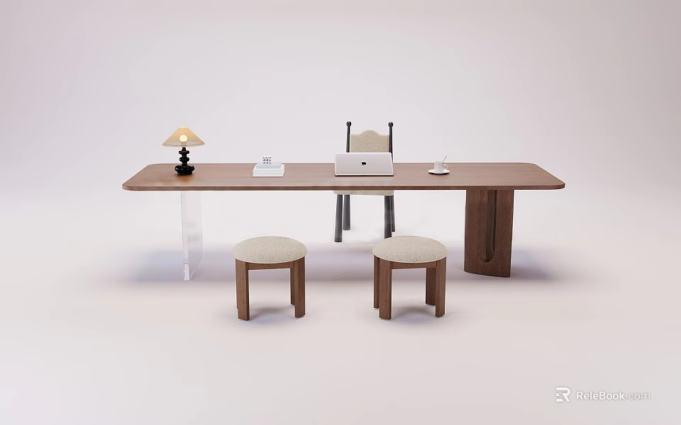 Wooden Office Desk With Table Lamp Laptop Notebook And Two Stools 3d model