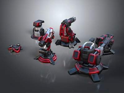 Red and Black Mechanical Devices with Modern Futuristic Design Various Arms Bases Layered Arrangement 3d model