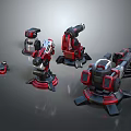 Red and Black Mechanical Devices with Modern Futuristic Design Various Arms Bases Layered Arrangement