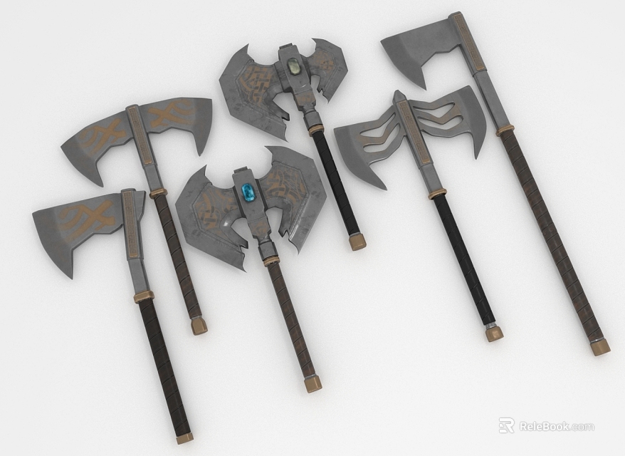 Various Styles Decorative Axes With Metal Texture And Wooden Handles 3D Weapon Models 3d model 