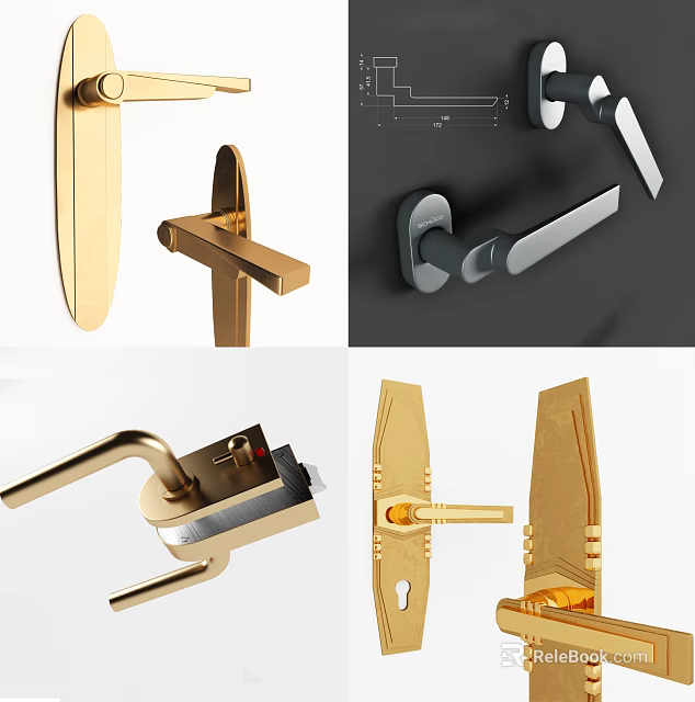 Modern Door Handles with Golden and Silver Finishes in Various Styles 3d model 