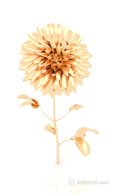 Golden Dahlia Flower with Layered Petals and Fresh Green Leaves on Stem 3d model 
