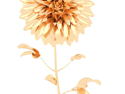 Golden Dahlia Flower with Layered Petals and Fresh Green Leaves on Stem 3d model
