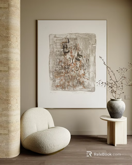 Abstract Painting on Beige Wall with Beige Chair Small Round Table and Vase with Twigs 3d model 