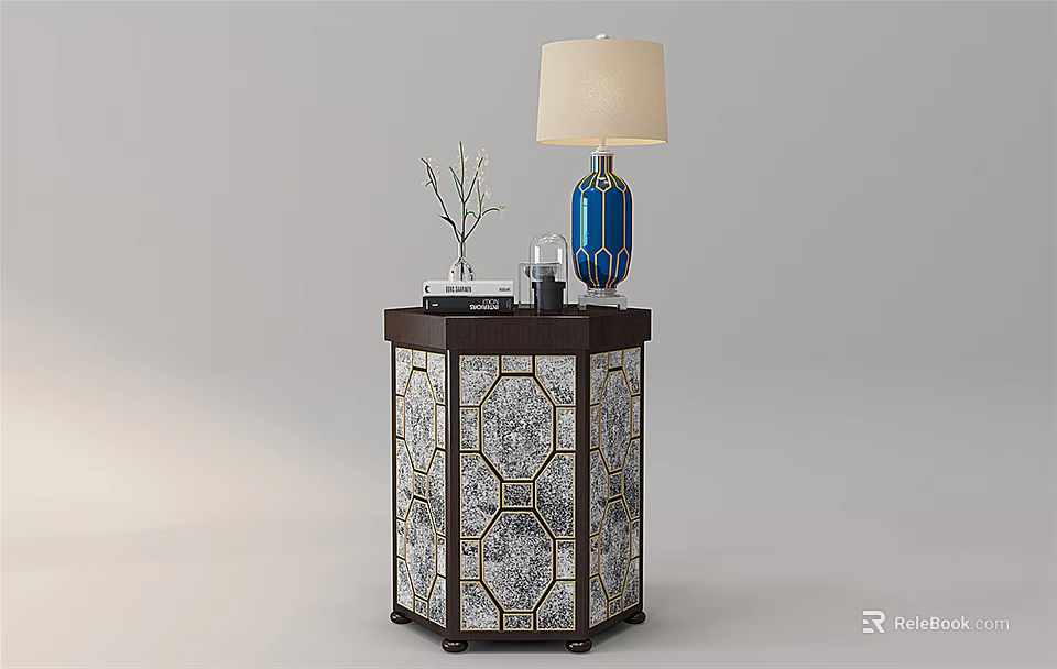 Decorative Entryway Side Cabinet With Blue Table Lamp And Geometric Pattern 3d model
