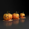 Three Orange Vegetable Pumpkins With Cute Smiling Faces On Dark Background 3d model