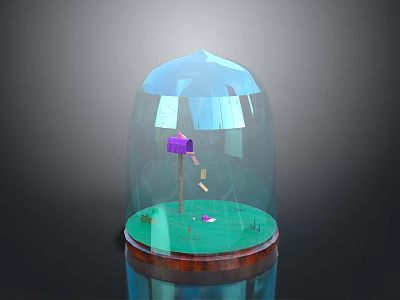 Small Scenic Display Under Transparent Glass Dome With Green Ground Purple House And Wooden Base 3d model