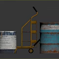 Assorted Colored Industrial Drums And Two Yellow Metal Storage Racks