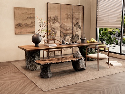 New Chinese Style Tea Table and Chair Stone Tea Table and Leisure Chair Bench Vase Jewelry Hanging Picture Screen model