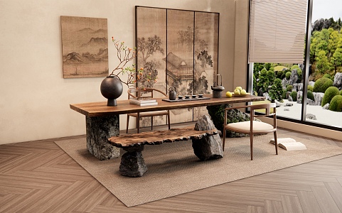 New Chinese Style Tea Table and Chair Stone Tea Table and Leisure Chair Bench Vase Jewelry Hanging Picture Screen 3d model