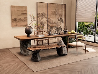 New Chinese Style Tea Table and Chair Stone Tea Table and Leisure Chair Bench Vase Jewelry Hanging Picture Screen 3d model