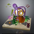 Underwater Diorama Featuring Purple Octopus Orange Diving Bell Green Plants Red Fish And Sandy Seabed