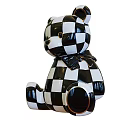 Black And White Checkered Toy Bear With Shiny Surface And Golden Foot Decorative Details