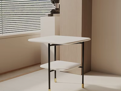 Minimalist White Two Tier Side Table With Black Metal Frame Gold Legs For Room Corner 3d model