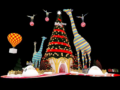 Christmas Decorative Scene With Tree Giraffes Hot Air Balloon Gifts And Snow Piles 3d model