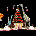 Christmas Decorative Scene With Tree Giraffes Hot Air Balloon Gifts And Snow Piles