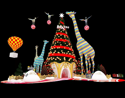 Christmas Decorative Scene With Tree Giraffes Hot Air Balloon Gifts And Snow Piles 3d model