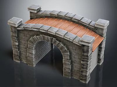 Detailed Stone Arched Bridge Structure With Wooden Deck And Stone Pillars 3d model
