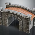 Detailed Stone Arched Bridge Structure With Wooden Deck And Stone Pillars