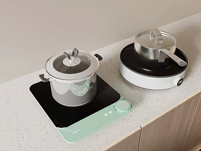 Cooking Pots On Induction Cooktop And Portable Stove With Light Countertop And Wooden Cabinets 3d model