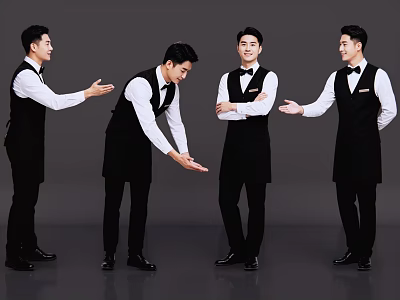 Group of Male Waiters in Black Vests and White Shirts With Various Serving Poses 3d model