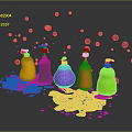 Colorful Plastic Bottles With Liquid Splash And Bubbles On Dark Background