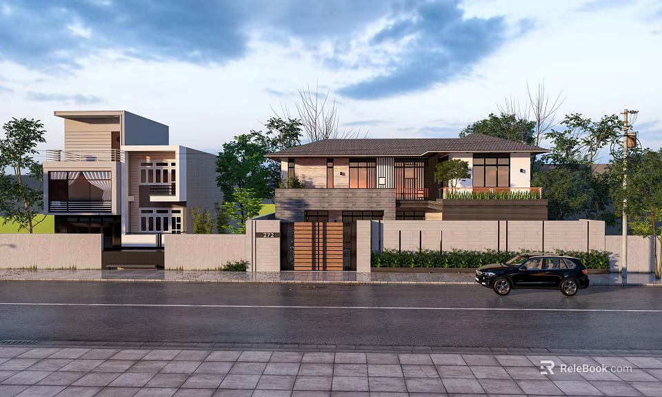 Modern Detached Villa Exterior With Driveway Wall Trees And Entrance Design 3d model 