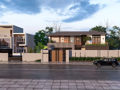 Modern Detached Villa Exterior With Driveway Wall Trees And Entrance Design 3d model