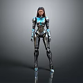Futuristic Sci Fi Female Character Wearing Blue Black Mechanical Armor Standing