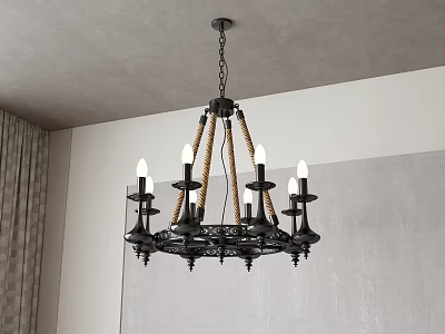 Black Chandelier With Rope Accents And Candle Style Bulbs In Modern Interior Design 3d model