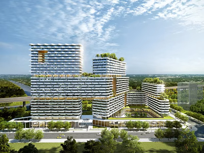 Modern Multi Storey Commercial Complex With Rooftop Greenery And Surrounding Trees 3d model