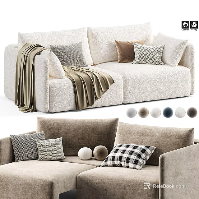 Cozy Beige Sectional Sofa With Mixed Pattern Cushions Blanket And Color Options 3d model 